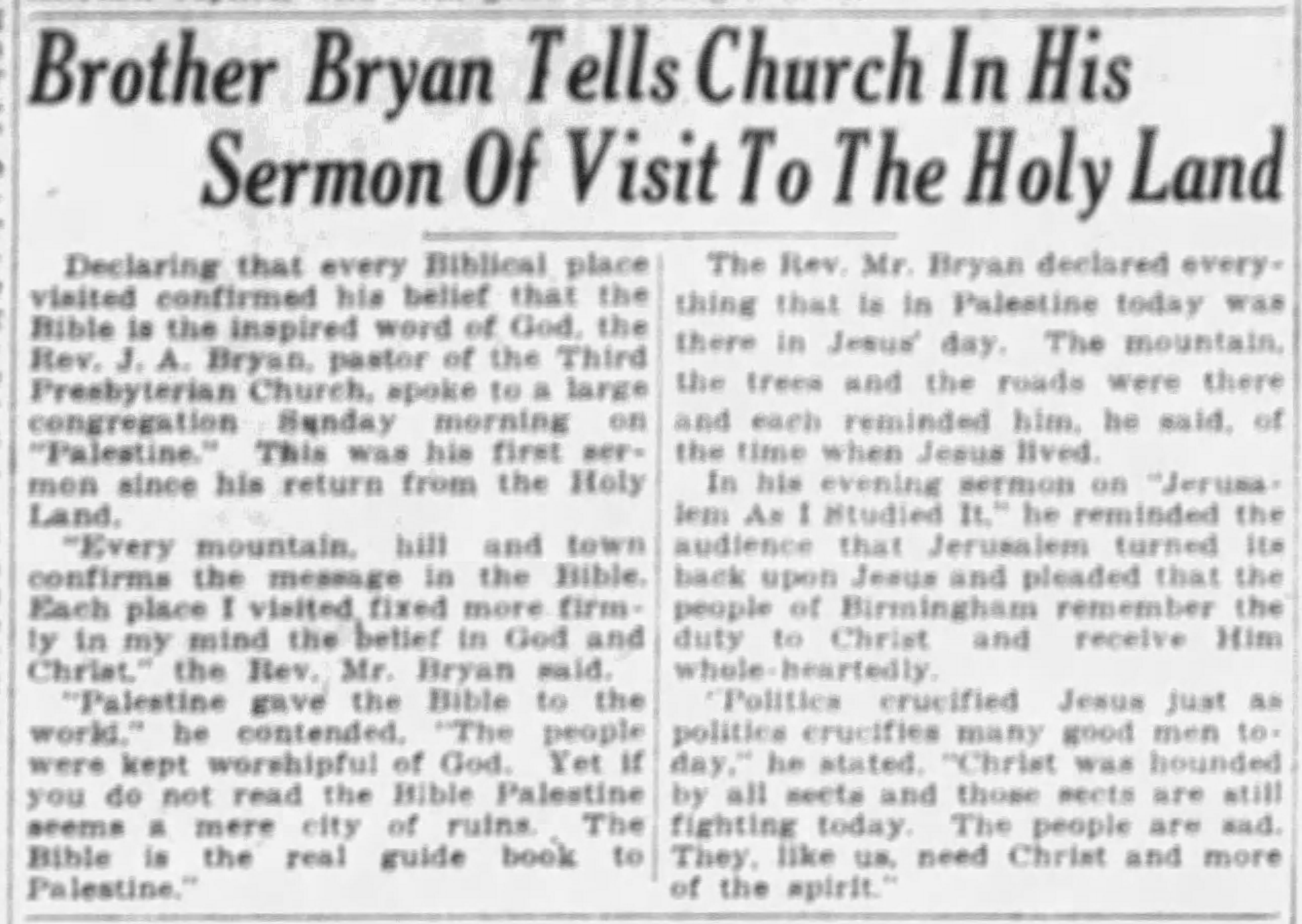 Brother Bryan Tells Church In His Sermon of Visit To The Holy Land